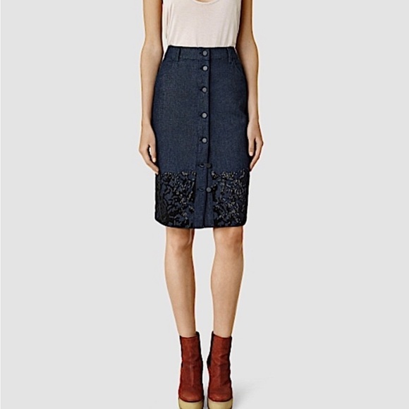 All Saints ALLSAINTS Blue Swyni Denim Hand Beaded Jean Pencil Skirt EUC Size 4 - Picture 4 of 12